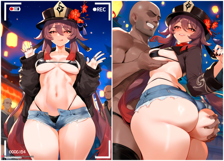 1boy 1girls ai_generated ass ass_grab bikini bikini_top breast_grab breasts dark-skinned_male dark_skin depressu exhibitionism exhibitionist female filming genshin_impact grabbing grabbing_ass grabbing_breasts groping groping_ass groping_breasts hat hu_tao_(genshin_impact) interracial light-skinned_female light_skin male male/female micro_bikini outside public recording shorts skimpy skimpy_clothes straight