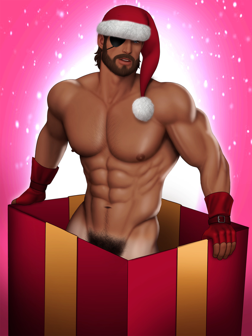 1boy big_boss caucasian caucasian_male christmas christmas_present drawnpr0n male male_only metal_gear_solid metal_gear_solid_3 muscles muscular muscular_male present pubes santa_hat smooth_skin solo solo_male tanline