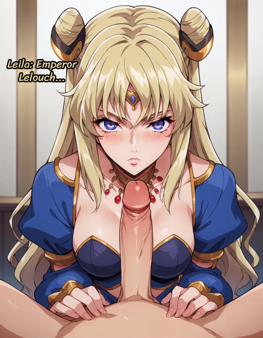 ai_generated blonde_hair blowjob blush cleavage code_geass code_geass:_boukoku_no_akito hair_bun hair_ornament harem_girl harem_outfit imminent_fellatio imminent_oral large_penis leila_(code_geass) leila_malcal lelouch_lamperouge long_hair penis purple_eyes twin_buns