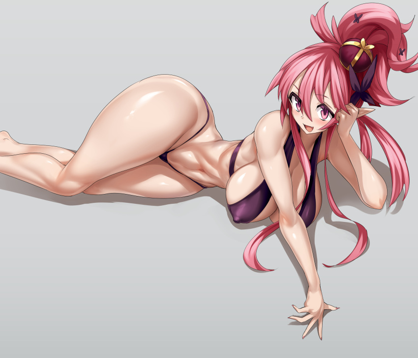 big_breasts big_hips bikini bimbo breasts disgaea disgaea_5 gigantic_breasts gigantic_hips hips huge_breasts huge_hips large_breasts large_hips looking_at_viewer lying lying_on_side on_side pink_hair seraphina_(disgaea) swimsuit wide_hips