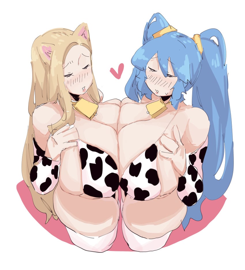 2girls ahri bangs blonde_hair blue_hair blush blush_lines blushing breast_press breast_squeeze breast_squish breasts cat_ears choker collar cow_bell cow_bell_collar cow_print cow_print_bikini cow_print_sleeves cow_print_thighhighs cowbell cowkini cowprint cowprint_bikini detached_sleeves female hair_between_eyes heart k/da_ahri large_breasts league_of_legends leebongchun long_hair multiple_girls plump plump_thighs sidelocks sleeves sona_buvelle sweat sweatdrop symmetrical_docking thighhighs thighs twintails twintails_(hairstyle) very_long_hair yellow_hair