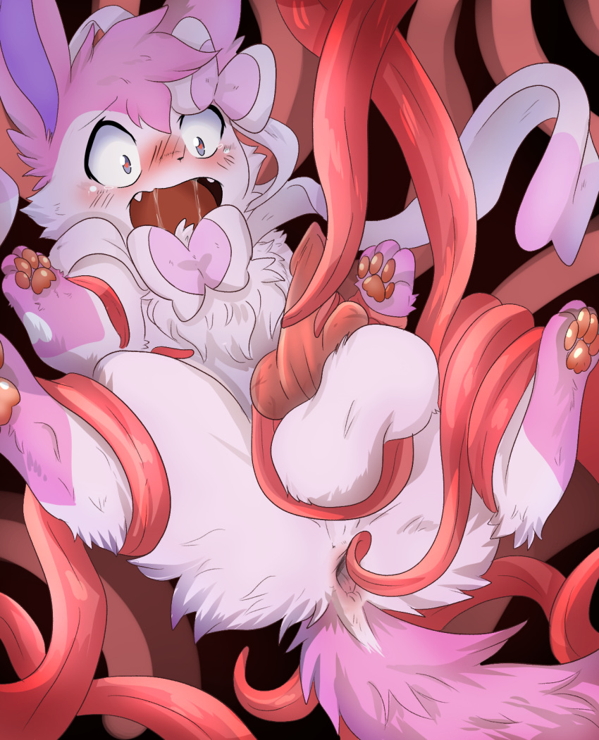 alternate_color animal_genitalia animal_penis anus ass balls blue_eyes blush bondage bound canid canine canine_penis eeveelution erection feral fur heart heart-shaped_pupils hi_res knot leaking male male_only male_sylveon mammal nintendo nude open_mouth original_character pawpads penis phun pink_pawpads pink_penis pogoo pokémon_(species) pokemon solo sylveon tears tentacle tentacles_everywhere video_games white_balls white_fur