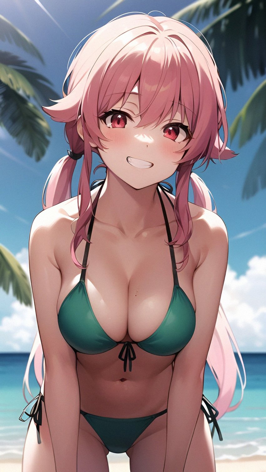 1girls ai_generated alternate_breast_size cleavage female female_only gasai_yuno medium_breasts mirai_nikki pink_hair red_eyes solo solo_female swimsuit