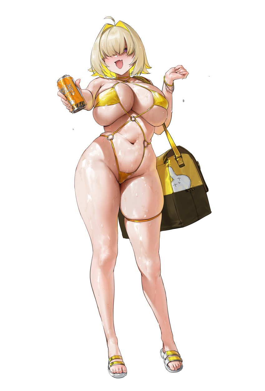 1girls 2d ahoge bag belly belly_button big_breasts bikini blonde blonde_hair bracelet breasts busty chochomi chubby color colored curvaceous curvy curvy_body curvy_female curvy_figure digital_drawing_(artwork) drink elegg_(nikke) female female_focus female_only goddess_of_victory:_nikke huge_breasts long_legs looking_at_viewer midriff pov purple_eyes sandals solo standing thick_thighs thigh_strap thighs voluptuous wet white_background yellow_bikini yellow_hair