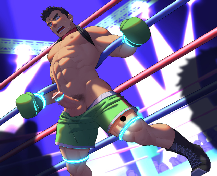 1boy abs bar_censor bara bare_pectorals boots boxing_gloves boxing_ring censored clothes_lift clothes_pull cock_ring crowd dark-skinned_male dark_skin erection foreskin girthy_penis green_shorts itto_(mentaiko) large_pectorals little_mac male male_focus male_only male_pubic_hair muscular muscular_male navel navel_hair nipples paid_reward_available pectorals penis pubic_hair punch-out!! sex_toy shirt_behind_neck shirt_lift short_hair shorts shorts_pull solo solo_male stomach thick_eyebrows thick_thighs thighs wrestling_outfit wrestling_ring