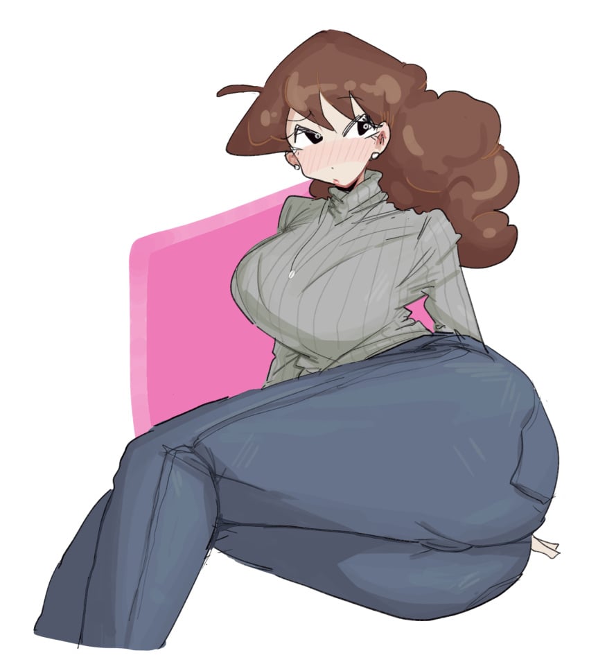 1girls ahoge bangs black_eyes blush blush_lines blushing bra bra_visible_through_clothes breasts brown_hair brunette brunette_hair crayon_shin-chan ear_studs earrings female fluffy_hair grey_sweater jeans large_breasts leebongchun mature mature_female milf misae_nohara mother necklace sitting solo sweater