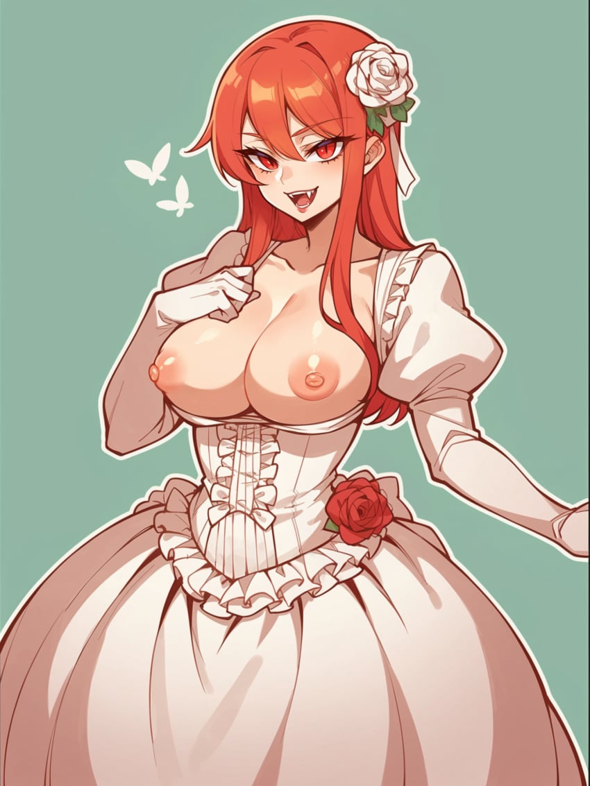 ai_generated big_breasts breasts breasts_out dress flower jorgecarlosai long_hair nipples orange_hair ornament ornaments red_hair rose tagme vampire victorian white_rose wife