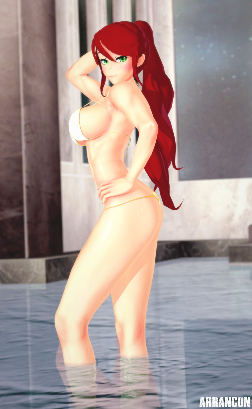 1girls 3d arrancon bikini bikini_bottom bikini_top feet_in_water green_eyes hand_on_head hand_on_hip ponytail pose posing pyrrha_nikos red_hair red_hair_female rwby