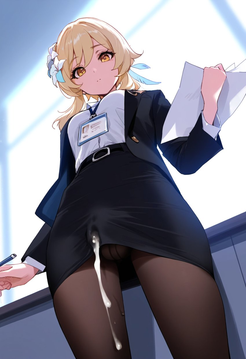 1futa ai_generated balls balls_under_clothes black_jacket black_skirt blonde_hair breasts bulge bulge_through_clothing clothed cowboy_shot cum cum_drip cum_on_clothes cum_on_penis cum_on_thighs cum_through_clothes cumdrip cumming cumshot dickgirl doseogwan ejaculation ejaculation_under_clothes employee_uniform from_below futa_only futanari genshin_impact hair_flower hands-free handsfree_ejaculation holding holding_object holding_paper id_card indoors jacket jacket_open looking_at_viewer looking_down looking_down_at_viewer low-angle_view lumine_(genshin_impact) miniskirt name_tag office office_clothing office_lady orgasm_without_stimulation pantyhose pencil_skirt penis penis_bulge penis_under_clothes shirt short_hair short_skirt skirt solo solo_futa standing tenting thighs visible_penis_shape white_shirt yellow_eyes