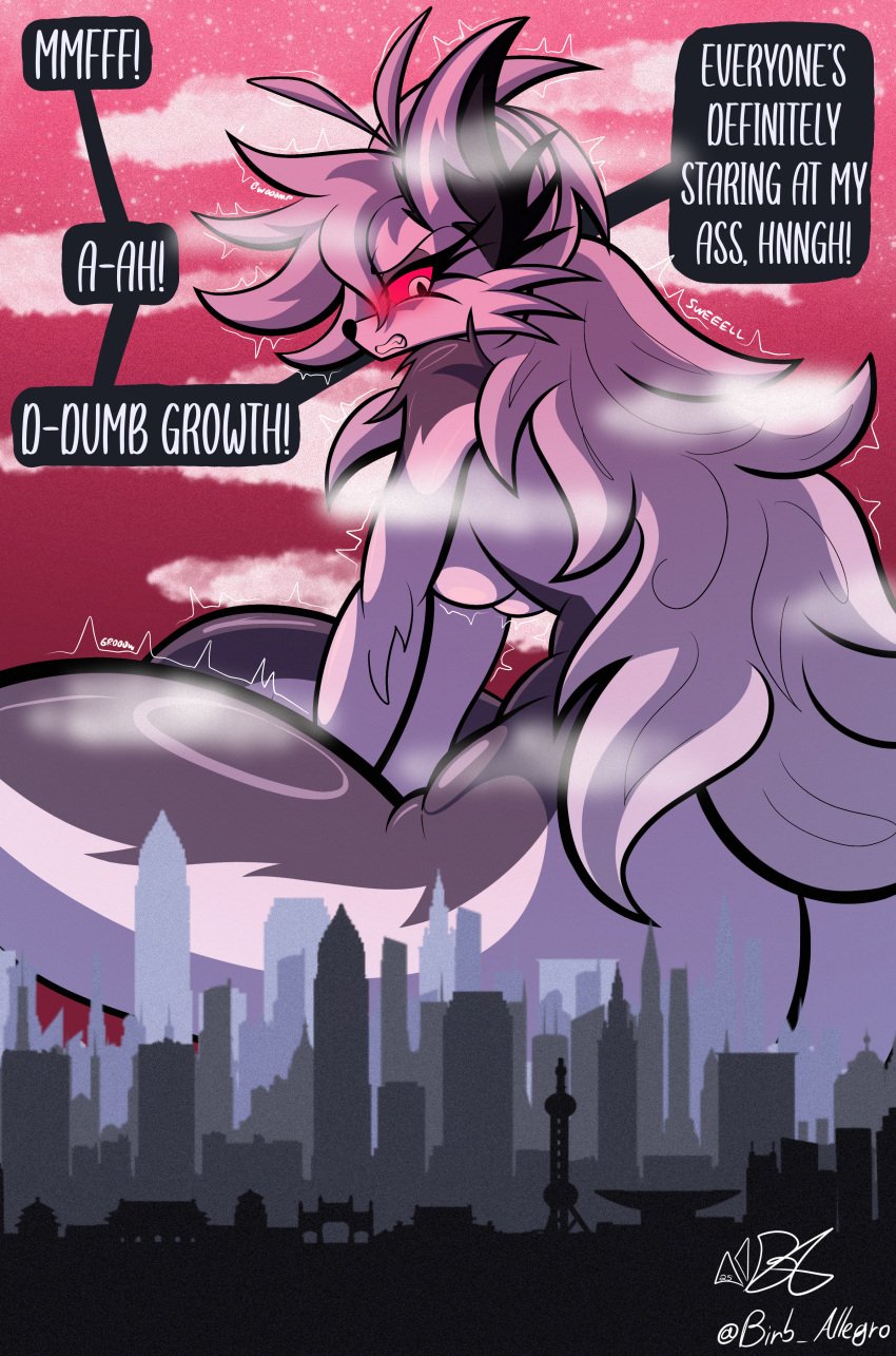 absurd_res anthro ass big_ass birb_allegro blush breasts canid canid_demon canine city cloud demon dialogue female giantess glistening glistening_breasts glistening_thighs growing growth growth_lines hellhound helluva_boss hi_res long_hair loona_(helluva_boss) macro mammal mythological_canine mythological_creature mythology nude size_transformation sky skyscape solo star thick_thighs transformation