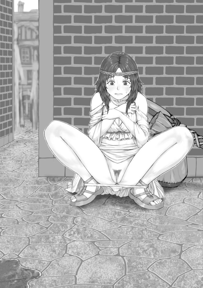 absurdres alley bag bangs bare_shoulders blush breasts censored circlet cleavage closed_mouth collarbone dodomesu dress female female full_body greyscale hands_up highres jewelry looking_down medium_breasts monochrome mosaic_censoring necklace off_shoulder original outdoors outline panties panties_around_ankles panty_pull pubic_hair pussy sandals shiny shiny_hair solo spread_legs squatting staff sweat underwear white_outline