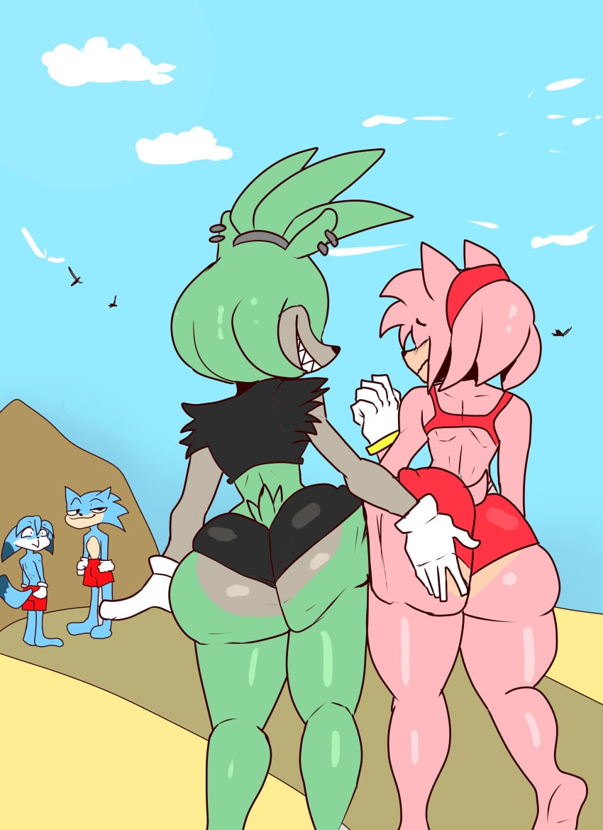 absurd_res afrosoricid amy_rose anthro ass beach big_ass big_butt blue_body blush butts_touching canid canine embarrassed eulipotyphlan female fennec_fox fox green_body group hand_on_butt hedgehog hi_res idw_publishing kitsunami_the_fennec male mammal pink_body sega sharp_teeth smug sonic_(series) sonic_the_hedgehog sonic_the_hedgehog_(comics) sonic_the_hedgehog_(idw) sonic_the_hedgehog_(series) surge_the_tenrec surprised_expression susknuckles teeth tenrec true_fox