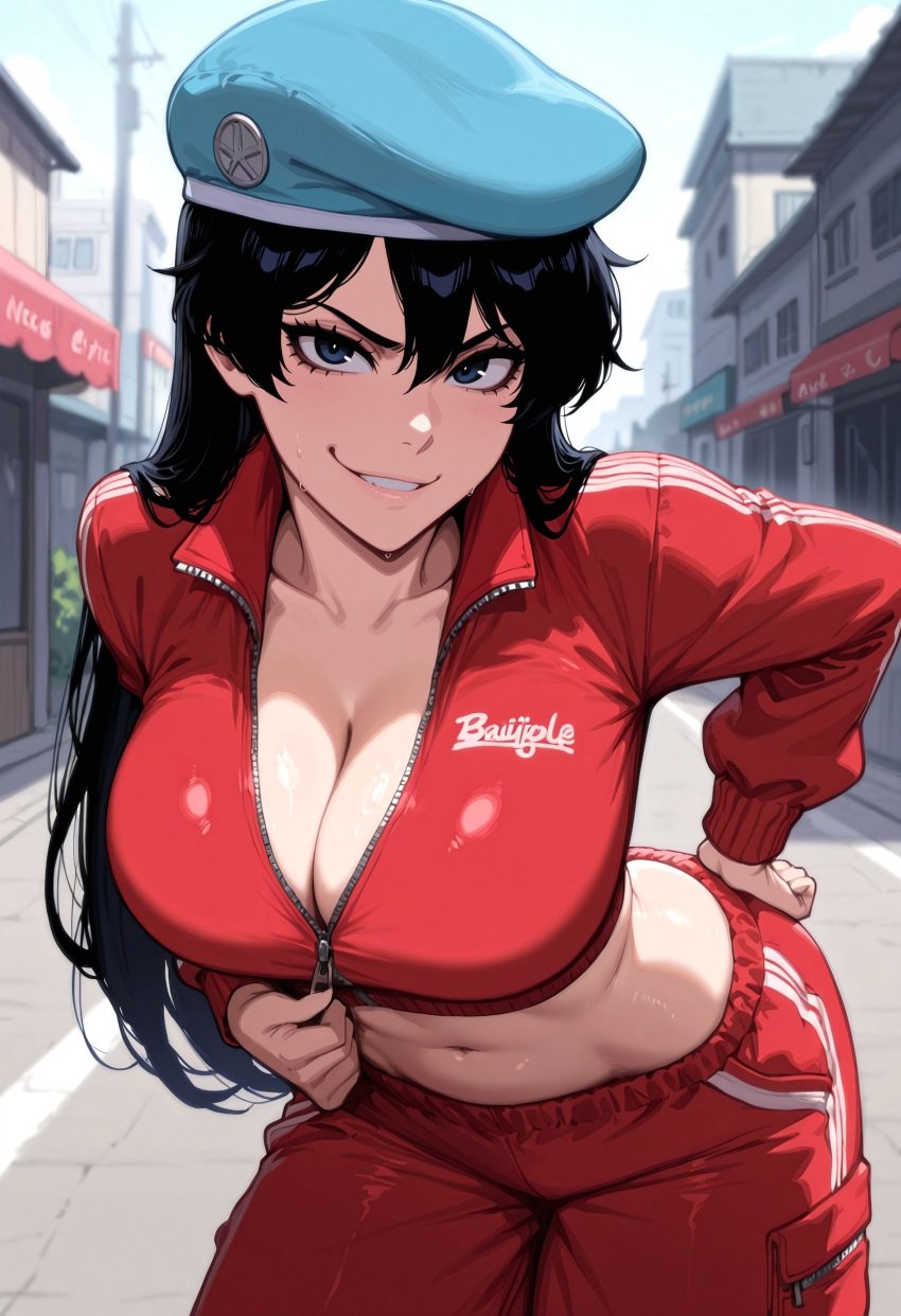 ai_generated baggy_pants bambietta_basterbine beret bleach cleavage large_breasts leaning_forward midriff presenting presenting_breasts self_upload starskyai unzipped_jacket unzipping