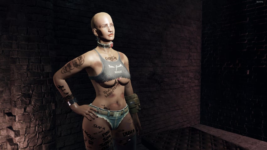 1girls 3d bald bald_female body_writing collar deviousdesire fallout fallout_4 nose_ring slave_collar underboob