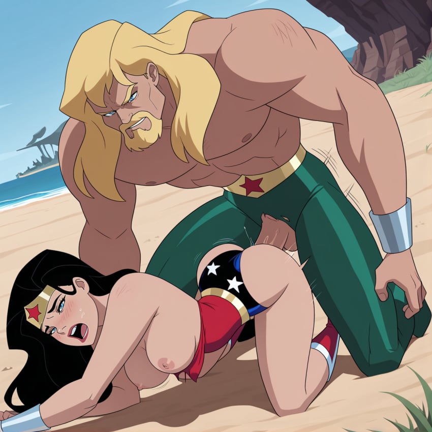 1boy1girl aquaman arthur_curry black_hair blonde_hair dc diana_prince justice_league themerchant69 wonder_woman