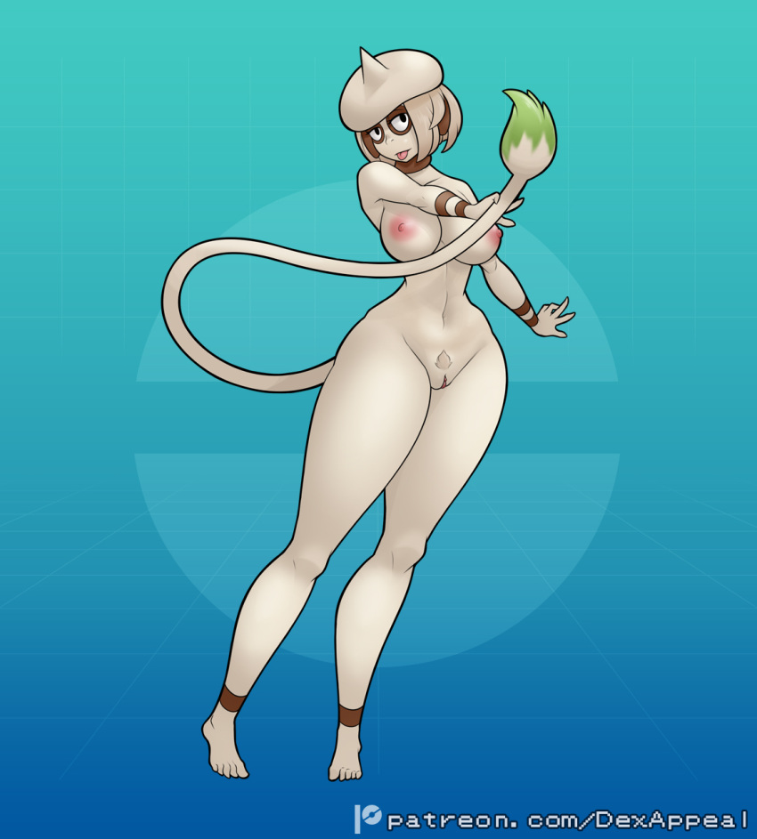 animal_humanoid areola bodily_fluids breasts canid canine dex_appeal female fur generation_2_pokemon genitals hair hi_res humanoid humanoid_genitalia looking_at_viewer mammal mammal_humanoid navel nintendo nipples nude pokemon pokemon_(species) pokemorph pubes pussy simple_background smeargle solo stripes tail tan_body tan_fur tongue tongue_out
