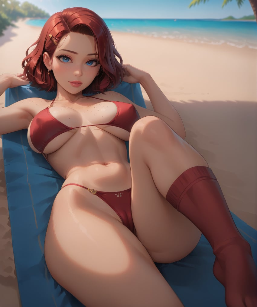 ai_generated bdmaestro bikini camelte cleavage feet female lying navel on_back original sideboob socks underboob