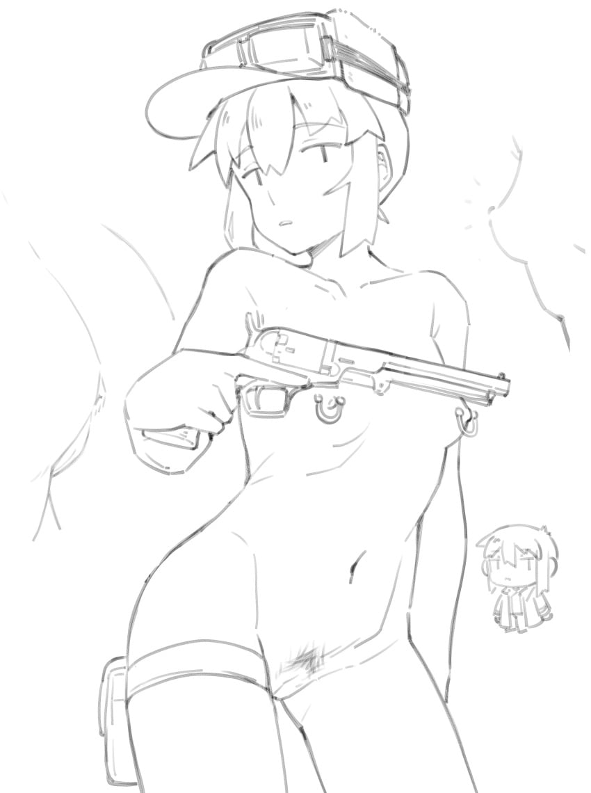 absurdres anus ass breasts chibi chibi_inset colt_1851_navy commentary contrapposto cowboy_shot female female_pubic_hair firearm goggles goggles_on_headwear greyscale gun handgun highres holster human kino_(kino_no_tabi) kino_no_tabi kokuya_(kokuya28) legwear looking_at_viewer monochrome multiple_views navel nipples nude open_mouth pale_skin pubic_hair pussy revolver short_hair small_breasts tactical_nudity thigh_holster uncensored weapon