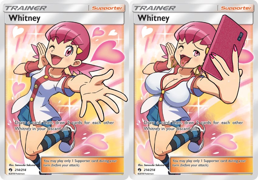 alternate_breast_size before_and_after bimbo bimbofication breast_expansion bursting_breasts cleavage earrings edit edited_official_artwork english_text huge_breasts jewelry naughty_face phone pink_hair pokemon pokemon_card pokemon_gsc pokemon_tcg selfie sutton184_edits taking_picture text third-party_edit tongue tongue_out tongue_piercing white_shirt whitney_(pokemon) wink