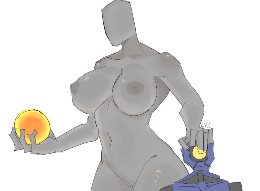 big_ass big_breasts bigger_female cerberus_(ultrakill) dominant_female faceless_female galeforcekid grey_body grey_skin holding_object simple_background stone_skin thick_thighs ultrakill v1_(ultrakill) white_background