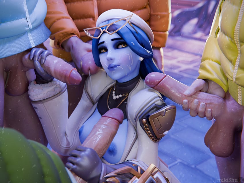 1girls 3d 4boys blizzard_entertainment blue_skin breasts cum cum_on_face erection female gloved_handjob gloves handjob huge_cock male miku3d nipples overwatch overwatch_2 penis widowmaker winter_chic_widowmaker