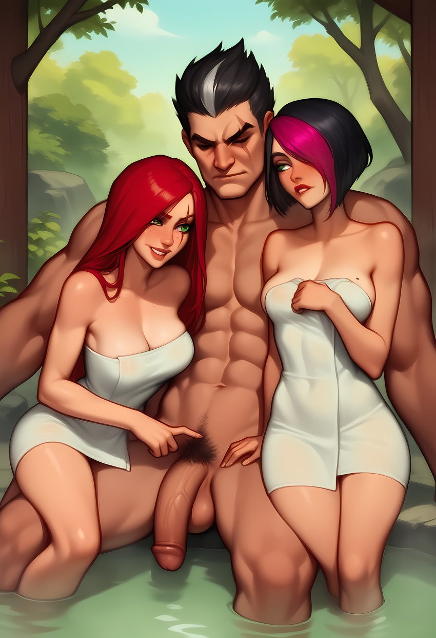 ai_generated darius_(league_of_legends) ffm_threesome fiora_laurent katarina_du_couteau muscular_male onsen seductive_look threesome towel