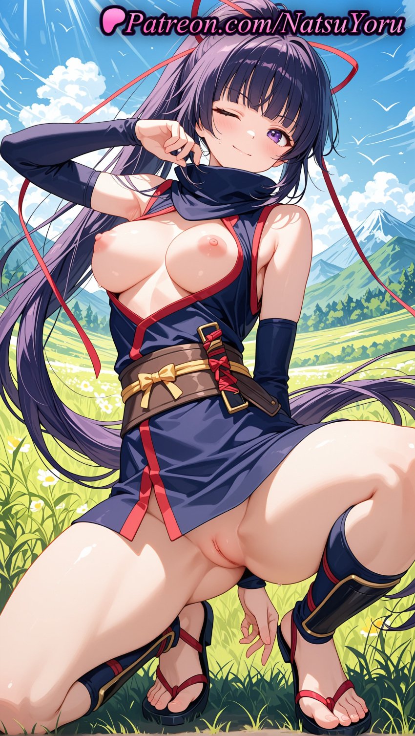 1girls 2025 ai_generated akatsuki_(log_horizon) bangs bare_shoulders black_sleeves blush breasts closed_mouth detached_sleeves feet female hi_res highres japanese_clothes log_horizon long_hair looking_at_viewer natsuyoru ninja nipples no_panties obi one_eye_closed outdoors patreon ponytail purple_eyes purple_hair pussy red_ribbon ribbon sandals sash scarf sleeveless smile solo squatting thighs toes vagina very_long_hair voluptuous voluptuous_female