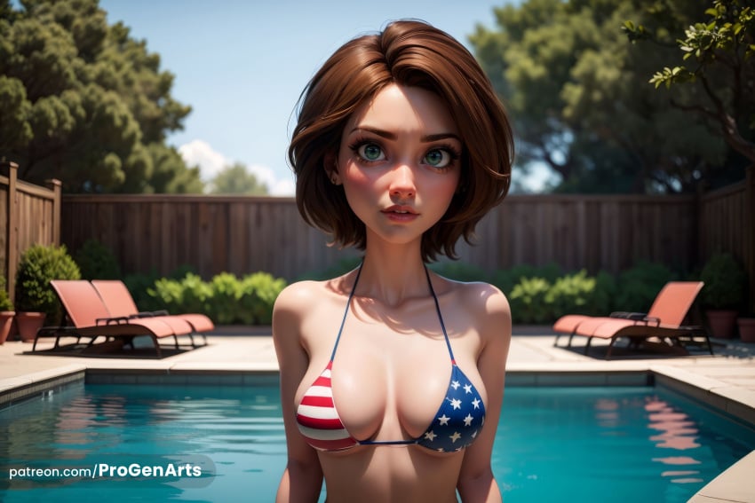 1girls ai_generated american_flag_bikini artist_name aunt aunt_cass big_hero_6 bikini blue_eyes blurry breasts breasts_apart brown_hair cass_hamada collarbone day disney fence flag_print freckles green_eyes hi_res lips looking_at_viewer medium_breasts milf nose outdoors pool progenarts short_hair sky solo swimsuit tree upper_body water web_address