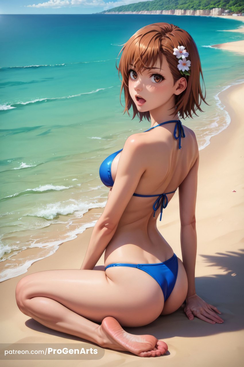 1girls ai_generated ass back bare_shoulders barefoot beach bikini blue_bikini blush breasts brown_eyes brown_hair day feet flower full_body hair_flower hair_ornament halterneck hi_res lips looking_at_viewer looking_back medium_breasts misaka_mikoto ocean open_mouth outdoors progenarts sand short_hair sitting soles solo string_bikini swimsuit to_aru_kagaku_no_railgun to_aru_majutsu_no_index toes wariza water