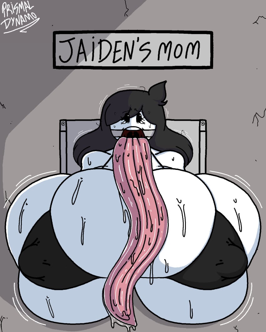 1girls 2020s 2025 big_breasts black_bra black_hair breasts breasts_bigger_than_head female female_focus female_only grey_wall huge_breasts hyper_tongue jaiden_animations jaidens_mom long_tongue mature_female milf mob_face mother open_mouth prismal_dynamo public_use redraw redrawn ring_gag tagme text tongue tongue_out uvula varix white_body white_skin youtube