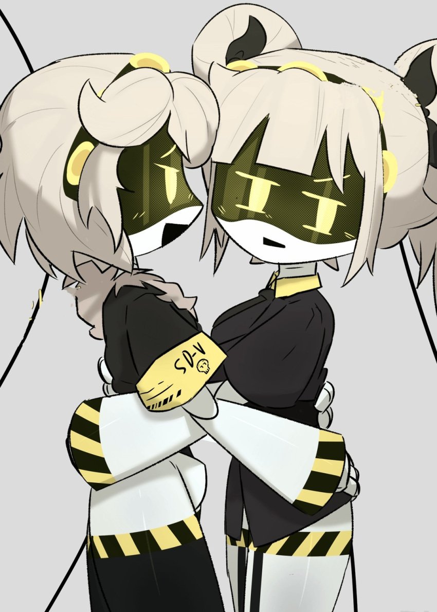 adorable_female affectionate black_clothes cuddling cuddly duo_female fully_clothed_female gray_background hands_on_another's_waist happy headbands j_(murder_drones) lawgx loving murder_drones scared silver_hair soft talking_to_another two_females v_(murder_drones) white_body yellow_eyes