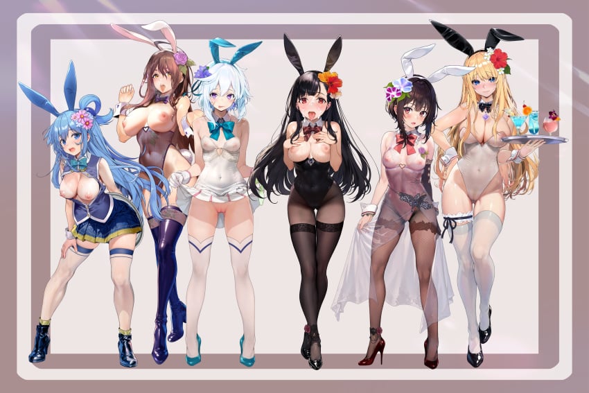 6+girls absurdres ahoge alternate_costume animal_ears anklet aqua_(konosuba) ass_visible_through_thighs ayase_shichikai bare_shoulders black_bow black_bowtie black_hair black_leotard black_sleeves blonde_hair blue_bow blue_eyes blue_hair blue_leotard blue_skirt blush boots border bow bowtie bra breasts breasts_apart breasts_out brown_hair brown_pantyhose cameltoe candy chris_(konosuba) closed_mouth clothes_lift collar commentary_request condom condom_wrapper covered_navel covered_nipples cum cum_on_body cup darkness_(konosuba) detached_collar dress drinking_glass facial fake_animal_ears fake_tail fellatio_gesture flower food full_body groin hair_between_eyes hair_flower hair_ornament hair_rings hand_on_own_thigh hands_up high_heel_boots high_heels highleg highleg_leotard highres holding holding_tray jewelry kono_subarashii_sekai_ni_shukufuku_wo! lace-trimmed_sleeves lace-trimmed_thighhighs lace_trim large_breasts leaning_forward legs_apart leotard leotard_peek leotard_pull leotard_under_clothes lifting_own_clothes long_hair looking_at_viewer megumin multiple_girls necklace nipples open_clothes open_mouth open_shirt outside_border pantyhose playboy_bunny pleated_skirt puffy_nipples purple_bow purple_bowtie purple_eyes pussy rabbit_ears rabbit_tail reaching reaching_towards_viewer red_bow red_bowtie red_eyes red_leotard scar scar_on_cheek scar_on_face see-through_clothes see-through_dress see-through_leotard shoes short_hair_with_long_locks side_slit single_hair_ring single_sleeve skirt skirt_lift sleeveless sleeveless_dress small_breasts smile standing strapless strapless_leotard tail thigh_boots thigh_strap thighhighs thighhighs_over_pantyhose thighhighs_under_boots thighs tongue tongue_out traditional_bowtie tray underwear white_collar white_dress white_hair white_leotard white_thighhighs white_wrist_cuffs wiz_(konosuba) wrist_cuffs x_hair_ornament yellow_eyes yuiyui_(konosuba)