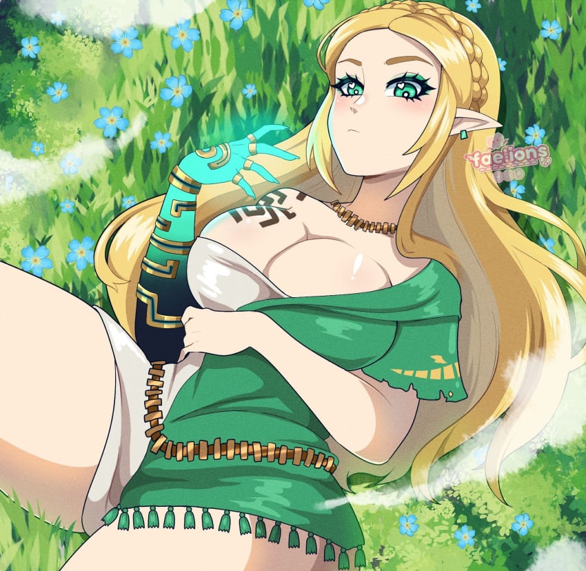 andiemations breath_of_the_wild cleavage faelions fantasy green_eyes huge_boobs nintendo tattoo_on_breast the_legend_of_zelda thighs zelda zelda_(breath_of_the_wild)