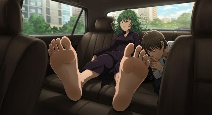 1boy 1girls ai_generated car female foot_fetish giant_feet one_punch_man passed_out tatsumaki