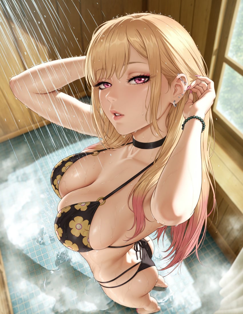 1girls adjusting_hair ai_generated ass big_breasts bikini bitchy blonde_hair bracelet breasts choker female floral_print heart human japanese_female kitagawa_marin light-skinned_female light_skin looking_at_viewer makeup multicolored_hair parted_lips perfect_ass perfect_body piercing pink_eyes shower showering solo solo_female sono_bisque_doll_wa_koi_wo_suru stable_diffusion steamy thong vooluxx wet