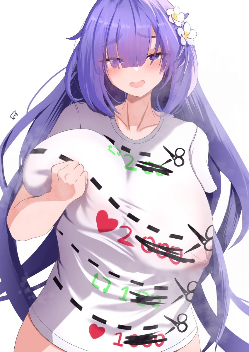 1girls absurdres azur_lane blush breasts collarbone covered_nipples cut-here_line female flower grabbing_own_breast hair_flower hair_ornament hand_up heart heart-shaped_pupils highres huge_breasts light-skinned_female light_skin like_and_retweet long_hair looking_at_viewer meme mogador_(azur_lane) open_mouth purple_eyes riflech shirt signature simple_background solo symbol-shaped_pupils twitter_cutting_game twitter_strip_game very_long_hair vichya_dominion_(azur_lane) white_background white_flower white_shirt