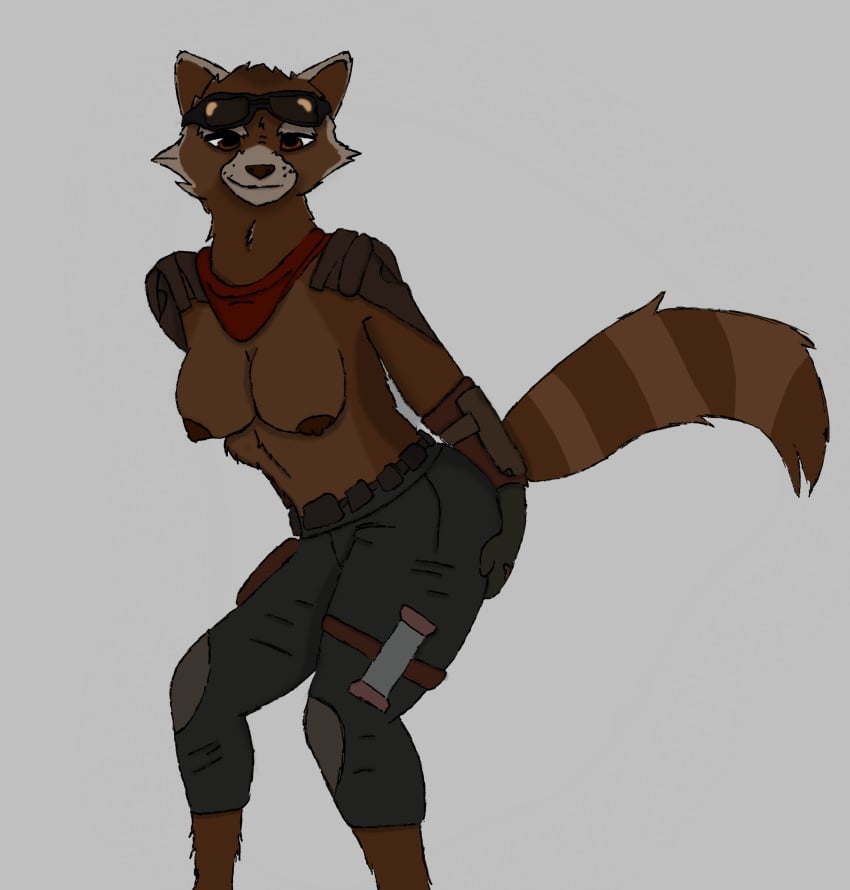 absurd_res anthro avengers avengers:_endgame breasts brown_fur brown_nipples female firetails fur furry furry_only goggles goggles_on_head leather_gloves leather_pants marvel marvel_cinematic_universe nipples pen_drawn raccoon red_scarf rocket_raccoon rule_63 scarf topless