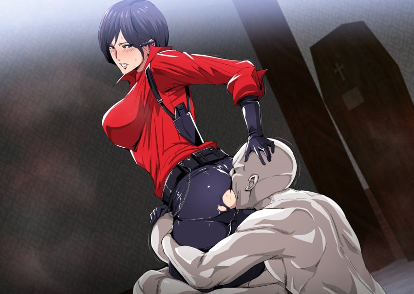 ada_wong ada_wong_(ty_brenneman) anilingus asian ass bald belt black_eyes black_hair black_pants blush breasts clothed_female_nude_male coffin cunnilingus female gloves gureko_rouman highres indoors large_breasts leather_gloves leather_pants legs looking_back male nude oral pants parted_lips red_shirt resident_evil resident_evil_6 shirt short_hair sideboob sitting standing thighs torn_clothes wall