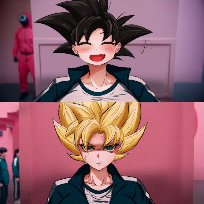 1girls angry big_breasts big_breasts black_hair breasts breasts_bigger_than_head female_goku gender_bender genderswap_(mtf) meme meme_reference rule_63 rule_63 saiyan saiyan_girl son_goku squid_game super_saiyan ukingdom1603 yellow_hair