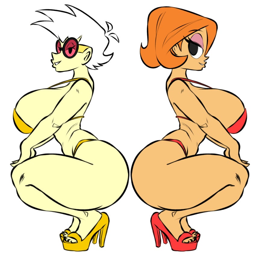 2024 2girls ass big_ass big_breasts bikini breasts busty crossover crouching debbie_turnbull female female_only glasses heels huge_breasts large_breasts looking_at_viewer maikyoh milf mother my_life_as_a_teenage_robot nora_wakeman orange_hair png robotboy shoes side_view squatting swimsuit thick_thighs voluptuous voluptuous_female white_background white_hair wide_hips