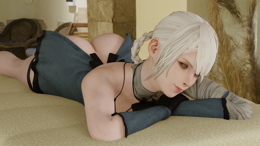 3d ass blender cpt-flapjack gloves kaine_(nier) keyd10iori lieutenant_flapjack lingerie looking_at_viewer nier_replicant on_bed solo_focus thick_ass white_hair