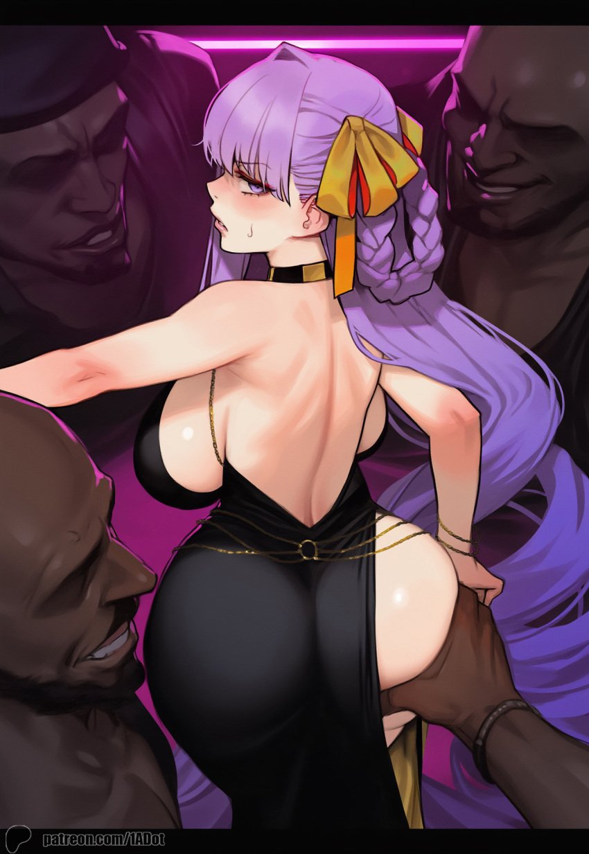 1-a_dot ai_generated ass_grab bb_dubai_(fate) dark-skinned_male fate/grand_order fate_(series) imminent_sex nightclub surrounded_by_men sweatdrop