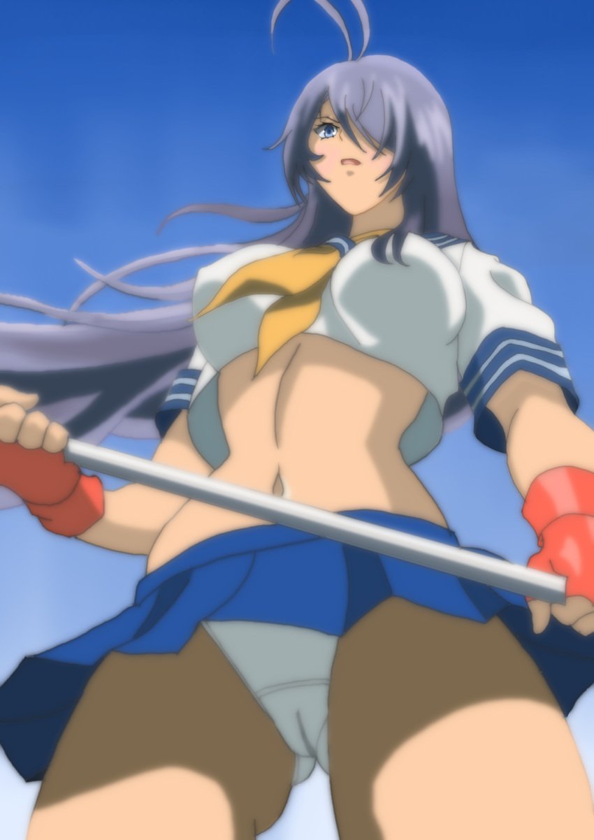 ahoge antenna_hair blade breasts crop_top female fingerless_gloves from_below gloves hair_over_one_eye highres holding ikkitousen kanu_unchou large_breasts long_hair navel panties purple_hair red_gloves school_uniform skirt underwear uniform upskirt very_long_hair weapon white_panties