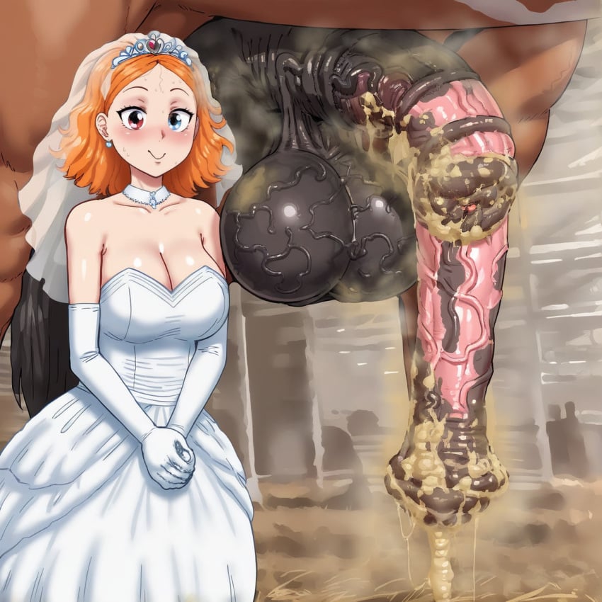 ai_generated barn beastiality big_balls big_breasts dirty fellatrix_(style) female horse horse_penis horsecock huge_breasts orange_hair smegma veil veiny_penis wedding_dress zoophilia