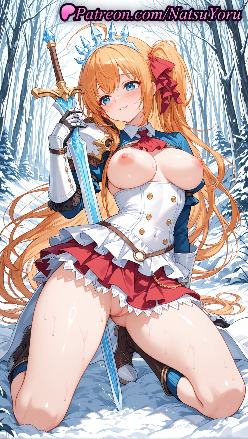 1girls 2025 ahoge ai_generated armor bangs blue_eyes blush boots breasts breasts_out clothing female female_only gloves hair_ribbon hi_res highres holding kneeling large_breasts long_hair natsuyoru nipples no_panties orange_hair parted_lips patreon pecorine pecorine_(princess_connect!) princess_connect! princess_connect!_re:dive pussy red_ribbon red_skirt ribbon skirt smile solo sword thighs tiara vagina very_long_hair voluptuous voluptuous_female weapon