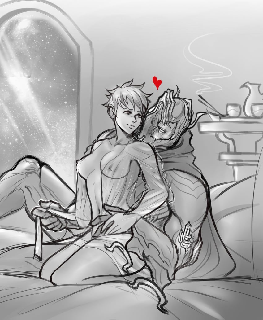 bedroom calm excalibur_umbra_(warframe) gentle nipples_visible_through_clothing oc operator_(warframe) perky_nipples pixie_cut relaxation see-through_robe short_hair space undoing_clothing wholesome