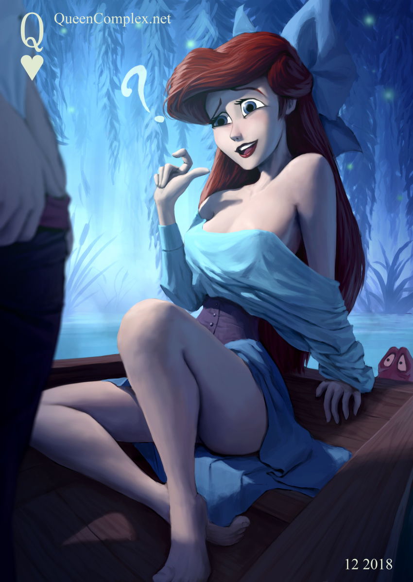 2010s 2018 ? absurd_res areolae ariel bare_legs barefoot blue_dress blue_eyes boat bow breasts canon_couple clothing disney disney_princess dress exposed_penis faceless_male hair human_form jpeg long_hair mermaid nipples off_shoulder outside princess queencomplex red_hair shirt_slip sitting the_little_mermaid the_little_mermaid_(1989_film) very_long_hair watermark