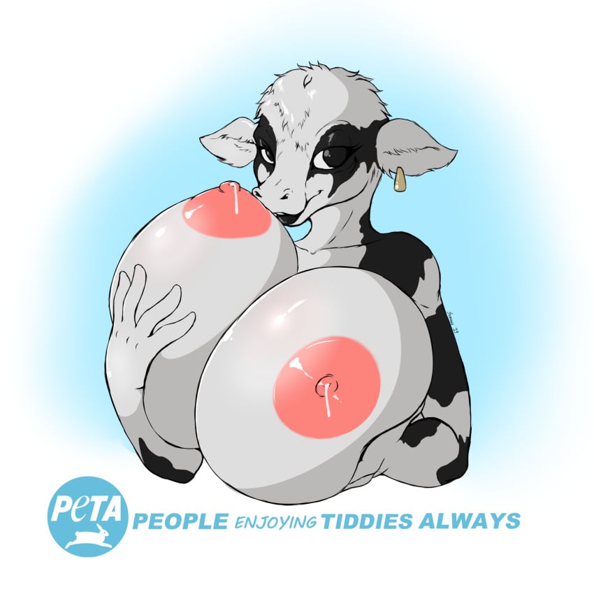 anthro black_eyes black_lips bovine breast_squeeze breasts huge_breasts lactation looking_at_viewer peta pink_nipples suirano