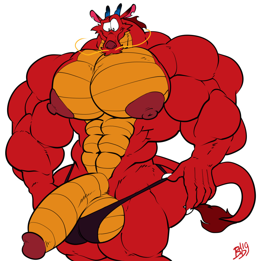 abs anthro balls big_balls big_muscles big_nipples big_penis bobthetanuki bulge disney dragon extrasizedbob flaccid male male_only mulan muscles muscular mushu nipples pecs penis scalie smile solo topless underwear white_background