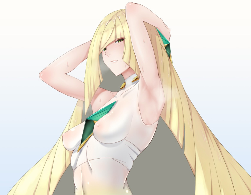 1girls :d aether_foundation areolae armpits arms_behind_head arms_up bare_arms be9459 belly blonde_hair blue_background blush breasts clothed clothes covered_navel covered_nipples dress eye_contact female female_only green_eyes hair_ornament hair_over_one_eye half-closed_eyes hands_on_head human impossible_clothes long_hair looking_at_viewer lusamine_(pokemon) mature milf mother nintendo nipples open_mouth pink_lips pokemon pokemon_sm see-through simple_background skin_tight sleeveless sleeveless_dress small_breasts smile solo standing sweat teeth upper_body very_long_hair wet white_background